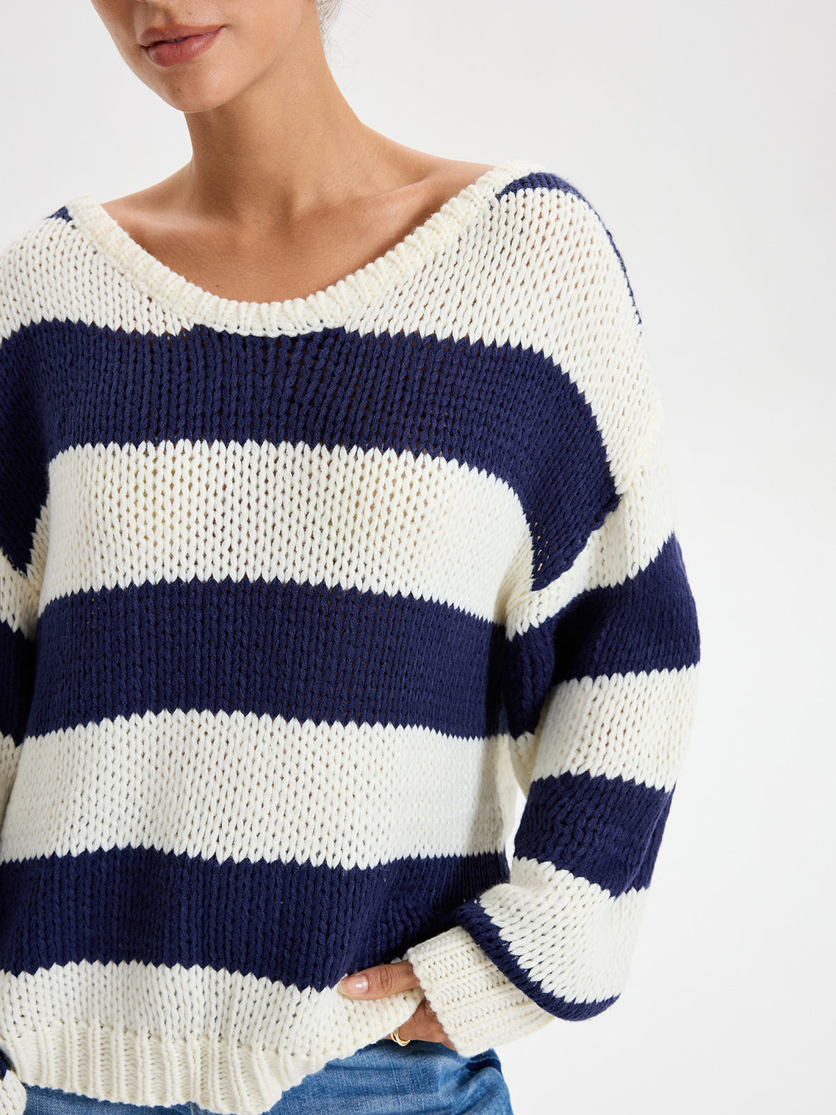 Oversized Striped Sweater Long Sleeve Sweater-Chicvia