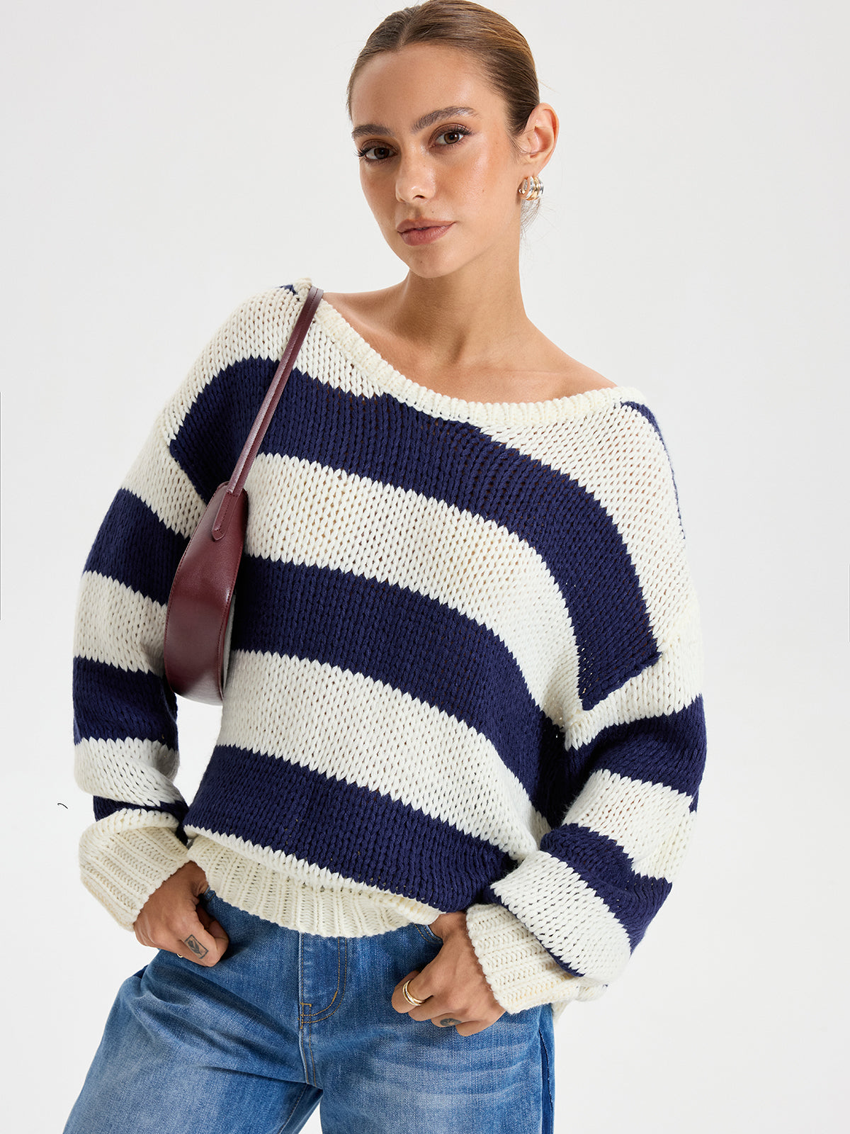 Oversized Striped Sweater Long Sleeve Sweater-Chicvia