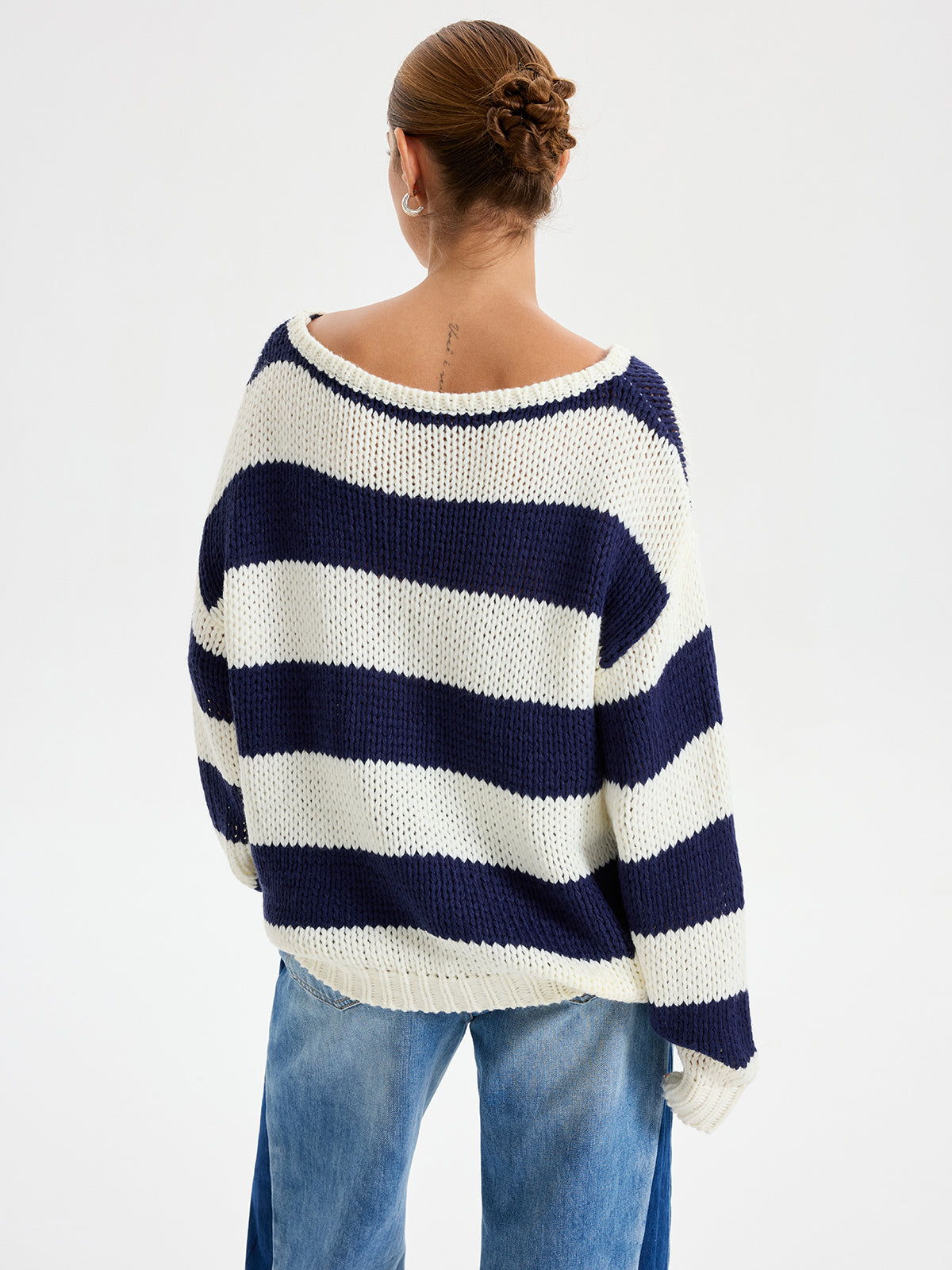 Oversized Striped Sweater Long Sleeve Sweater-Chicvia