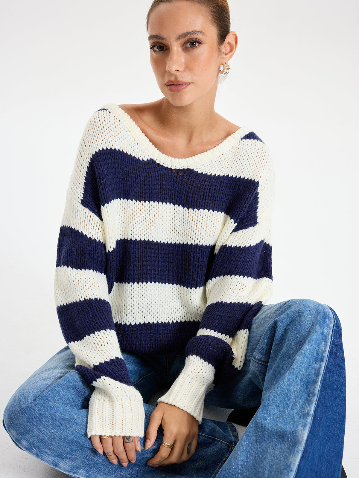 Oversized Striped Sweater Long Sleeve Sweater-Chicvia