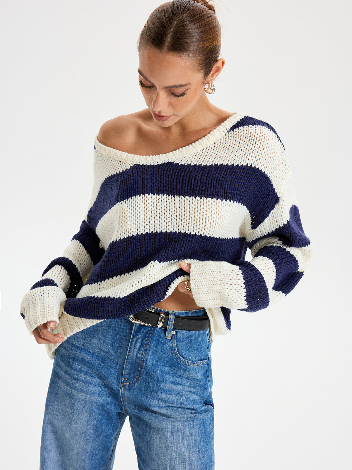 Oversized Striped Sweater Long Sleeve Sweater-Chicvia