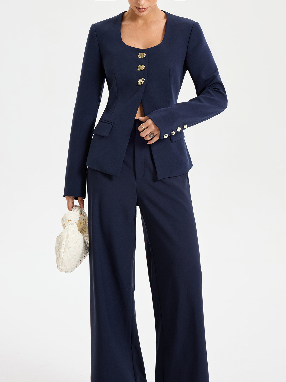 Metal Button Square Neck Blazer-Chicvia