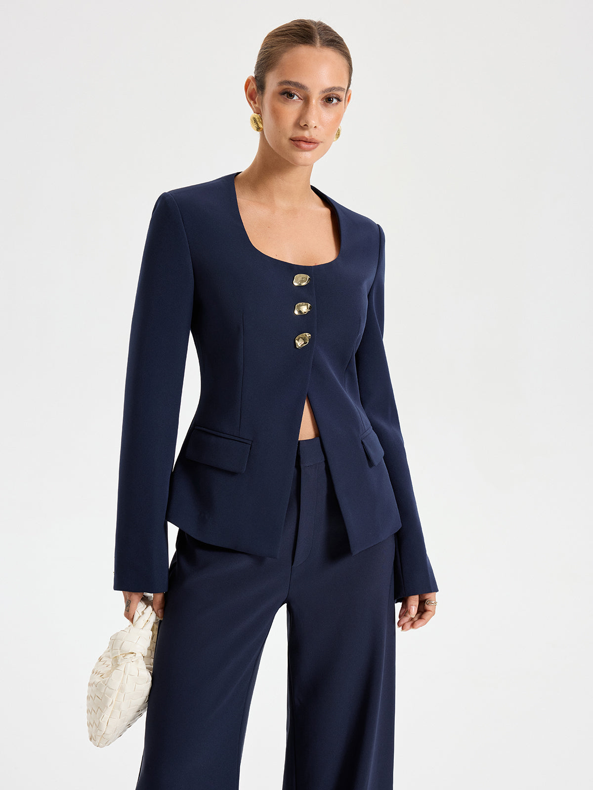 Metal Button Square Neck Blazer-Chicvia