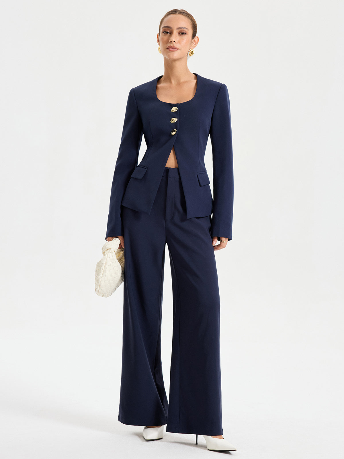 Metal Button Square Neck Blazer-Chicvia