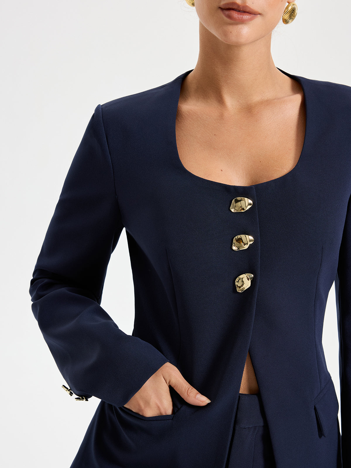 Metal Button Square Neck Blazer-Chicvia