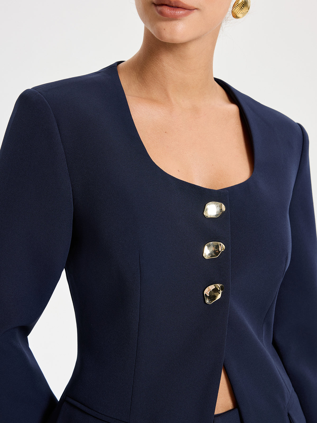 Metal Button Square Neck Blazer-Chicvia