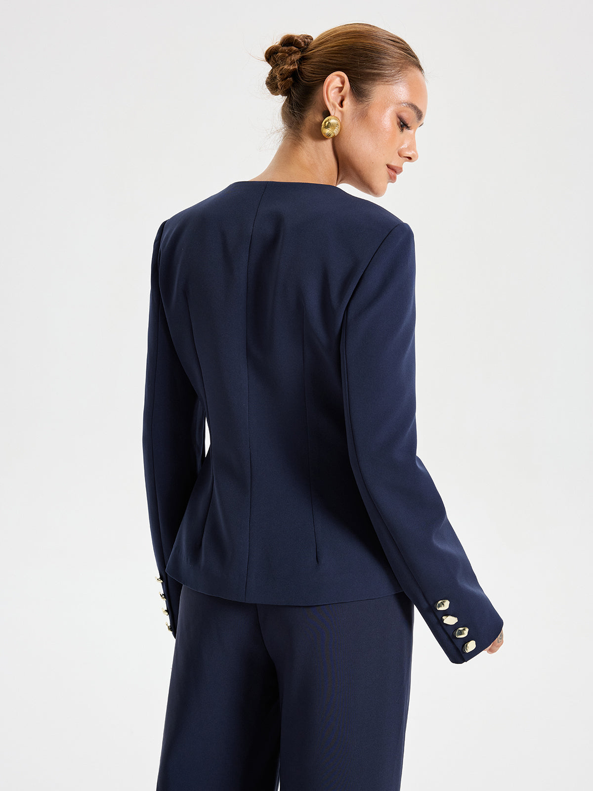 Metal Button Square Neck Blazer-Chicvia