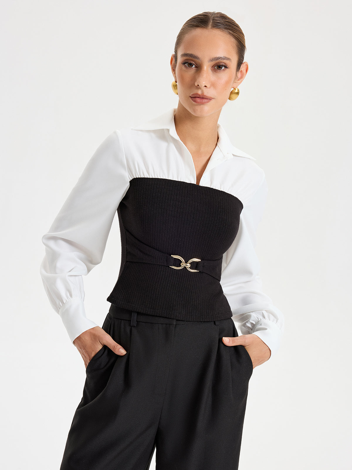 Contrast Ribbed Paneled Long Sleeve Shirt-Chicvia
