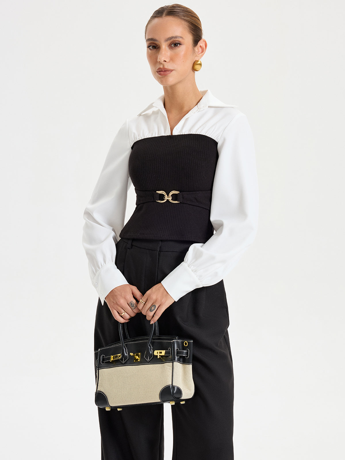 Contrast Ribbed Paneled Long Sleeve Shirt-Chicvia