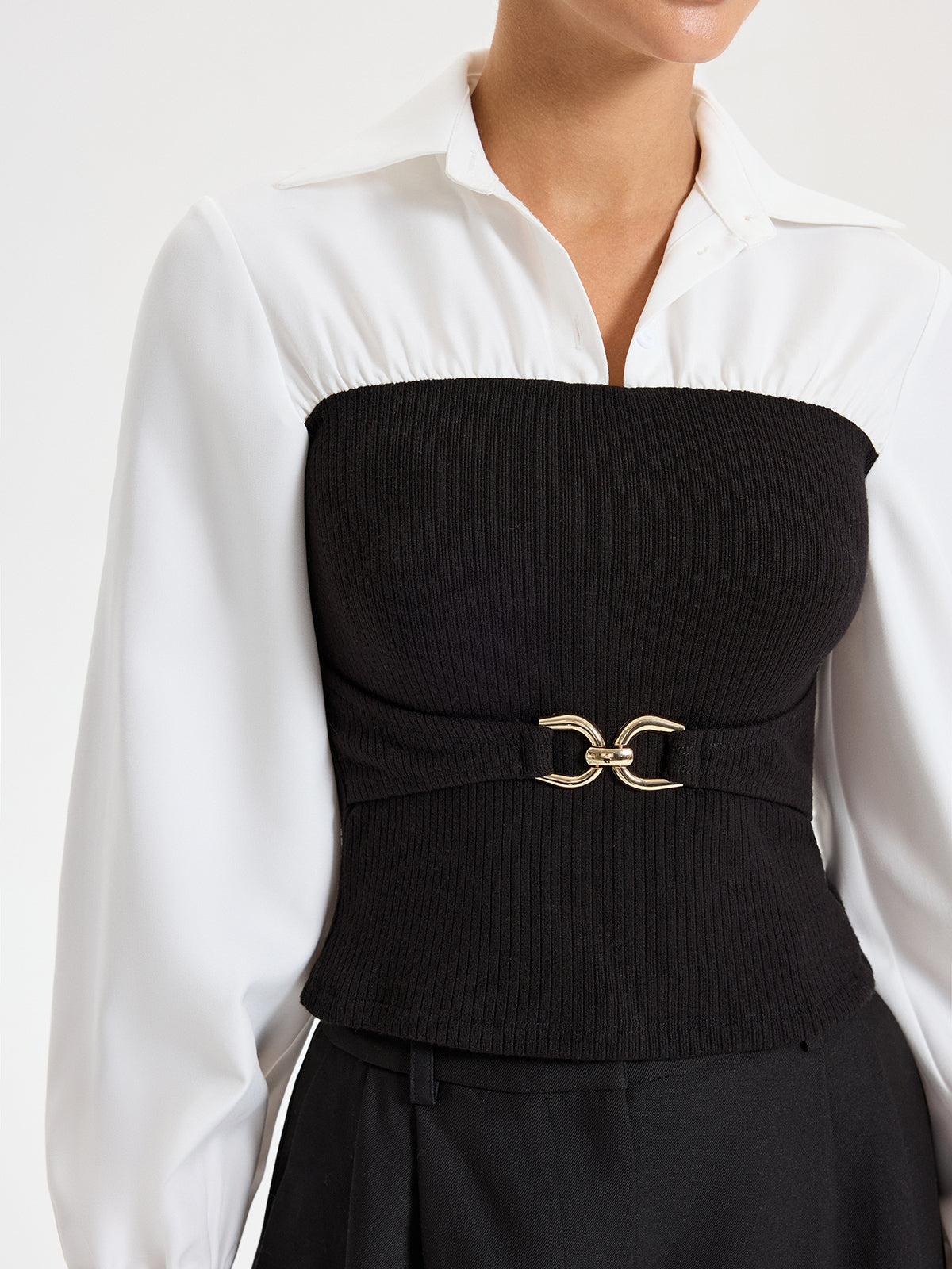 Contrast Ribbed Paneled Long Sleeve Shirt-Chicvia