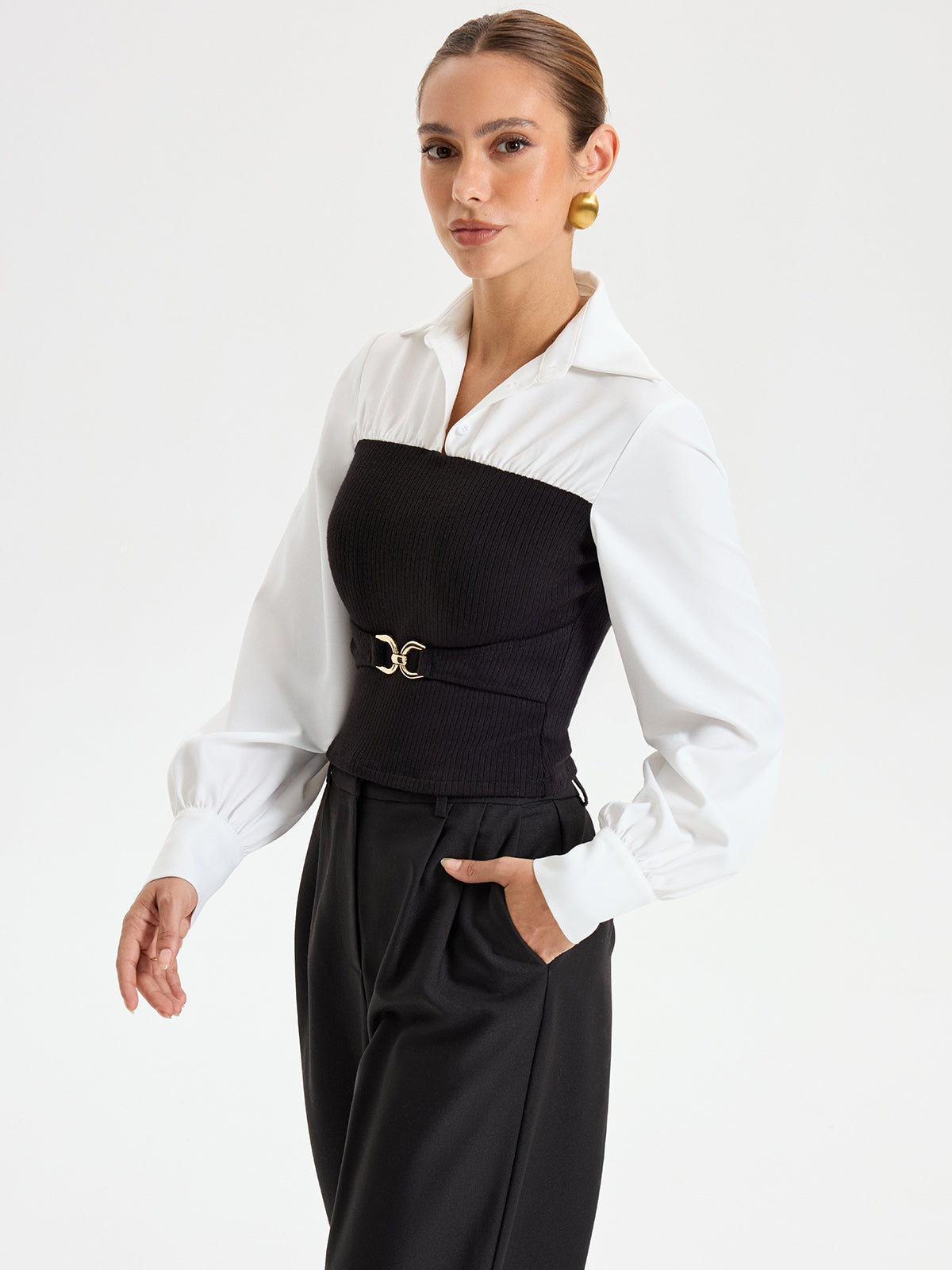 Contrast Ribbed Paneled Long Sleeve Shirt-Chicvia