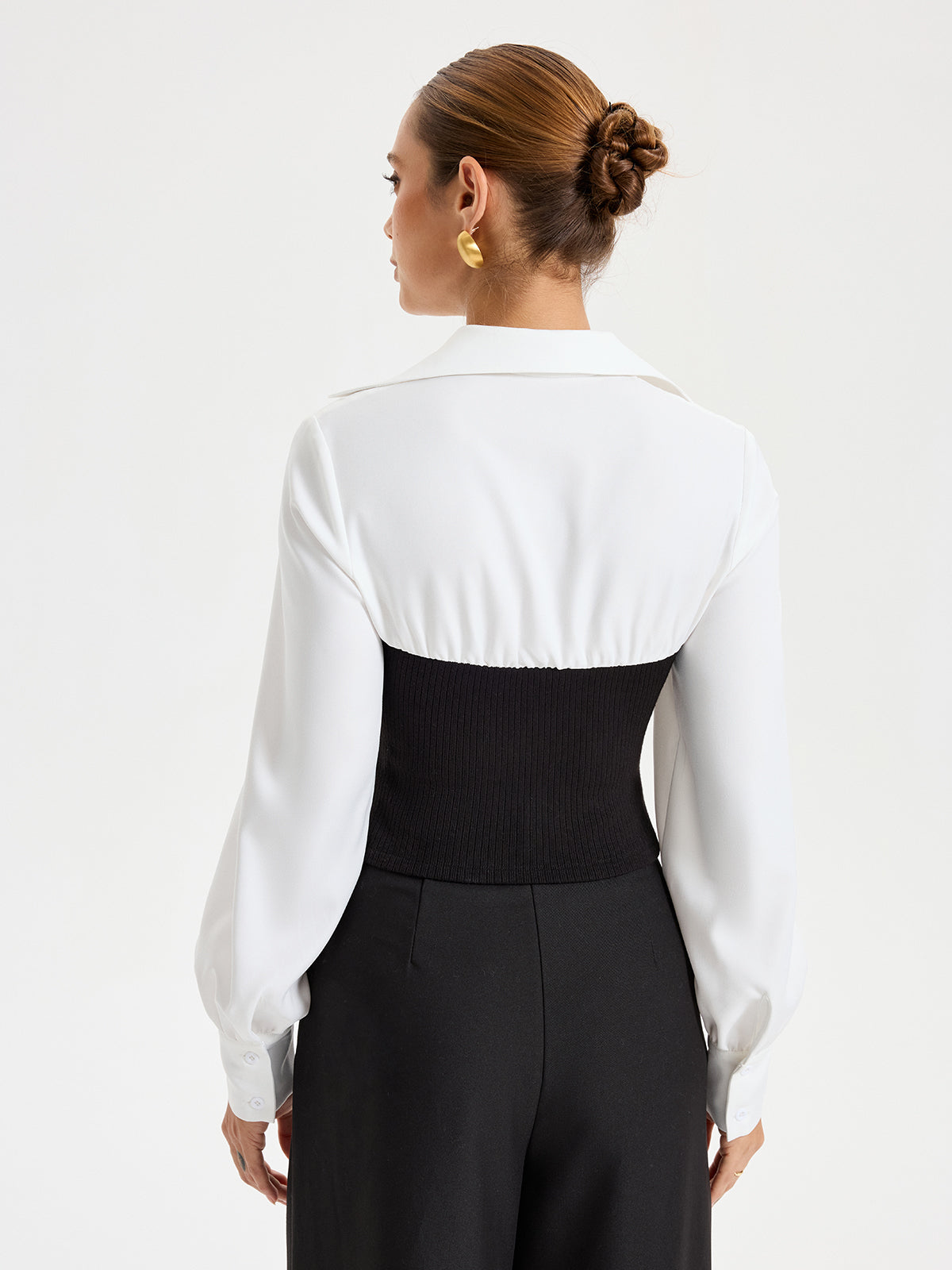 Contrast Ribbed Paneled Long Sleeve Shirt-Chicvia