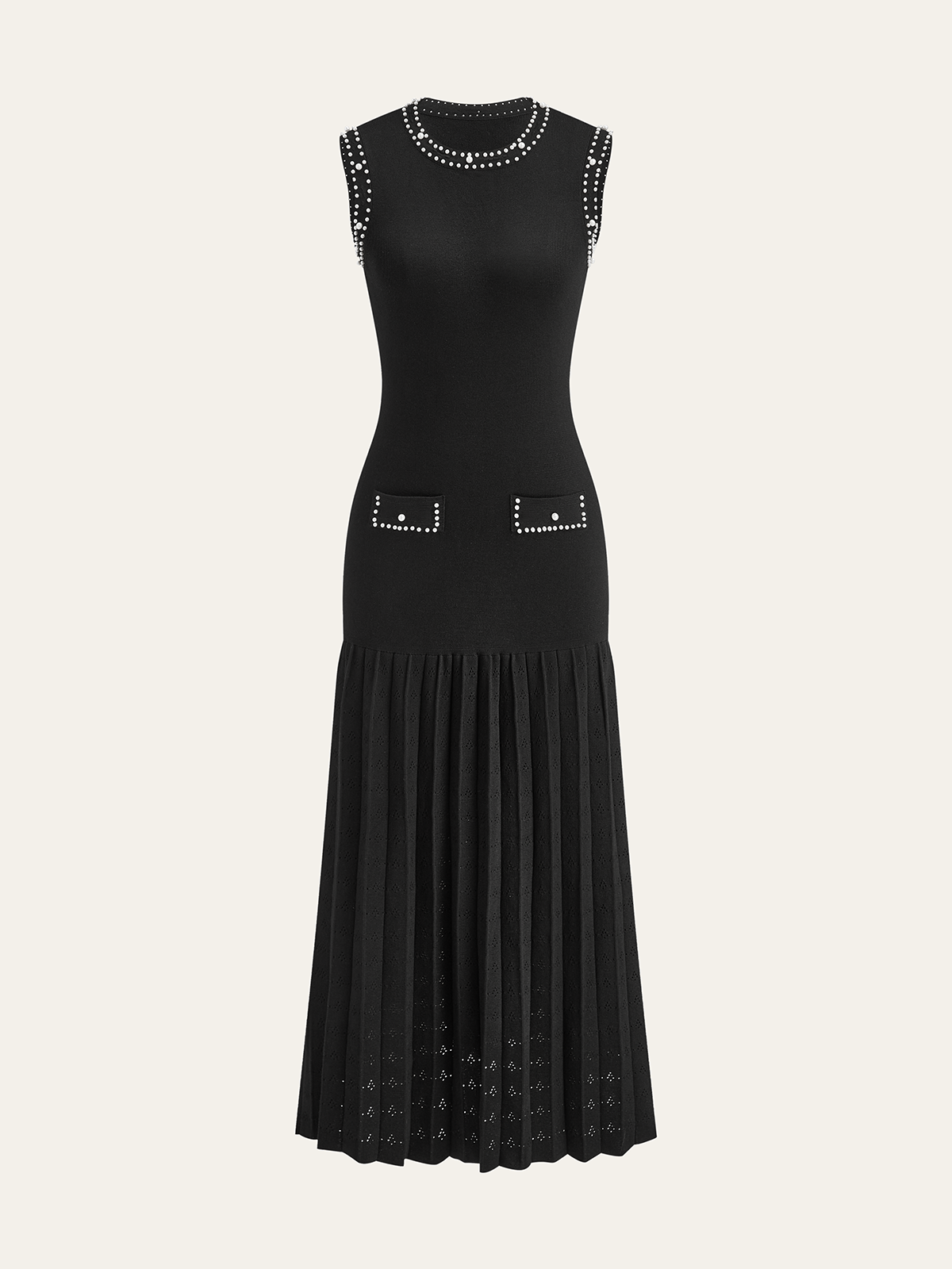 Pearl Trimmed Knit Midi Dress-Chicvia