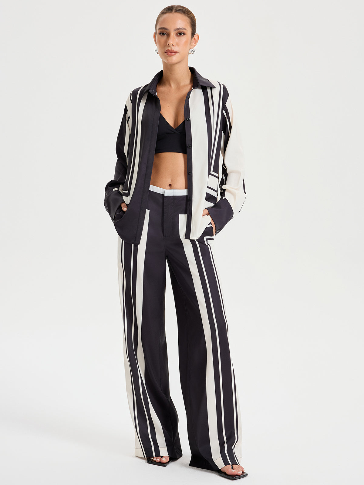 Contrast Striped Mid-Waist Wide-Leg Pants-Chicvia