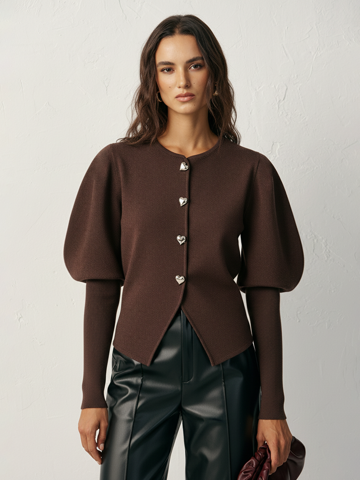 Leg-Of-Mutton Sleeve Heart-Button Wool Blend Cardigan-Chicvia