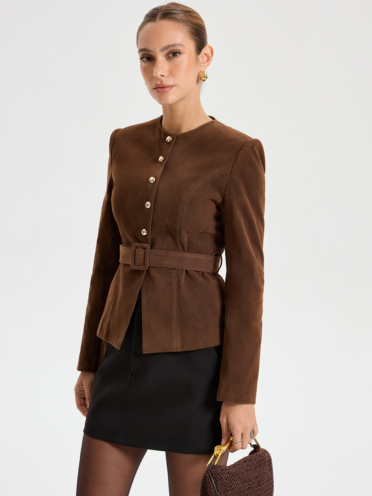 Belted Suede Effect Metal Button Blazer-Chicvia
