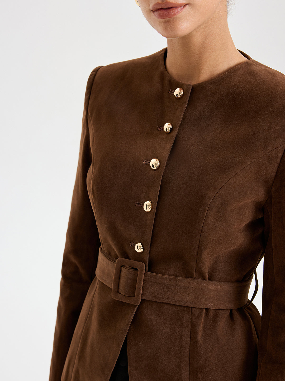 Belted Suede Effect Metal Button Blazer-Chicvia