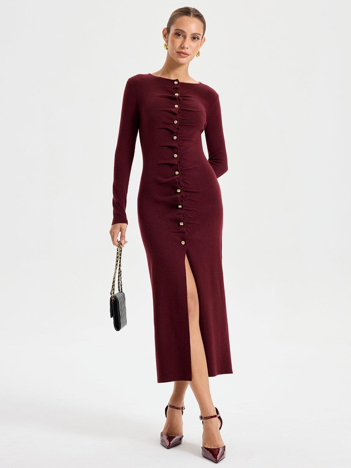Elegant Long Sleeve Wide Neck Button Front Knit Dress-Chicvia