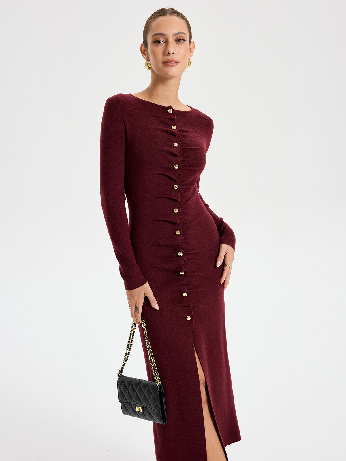 Elegant Long Sleeve Wide Neck Button Front Knit Dress-Chicvia