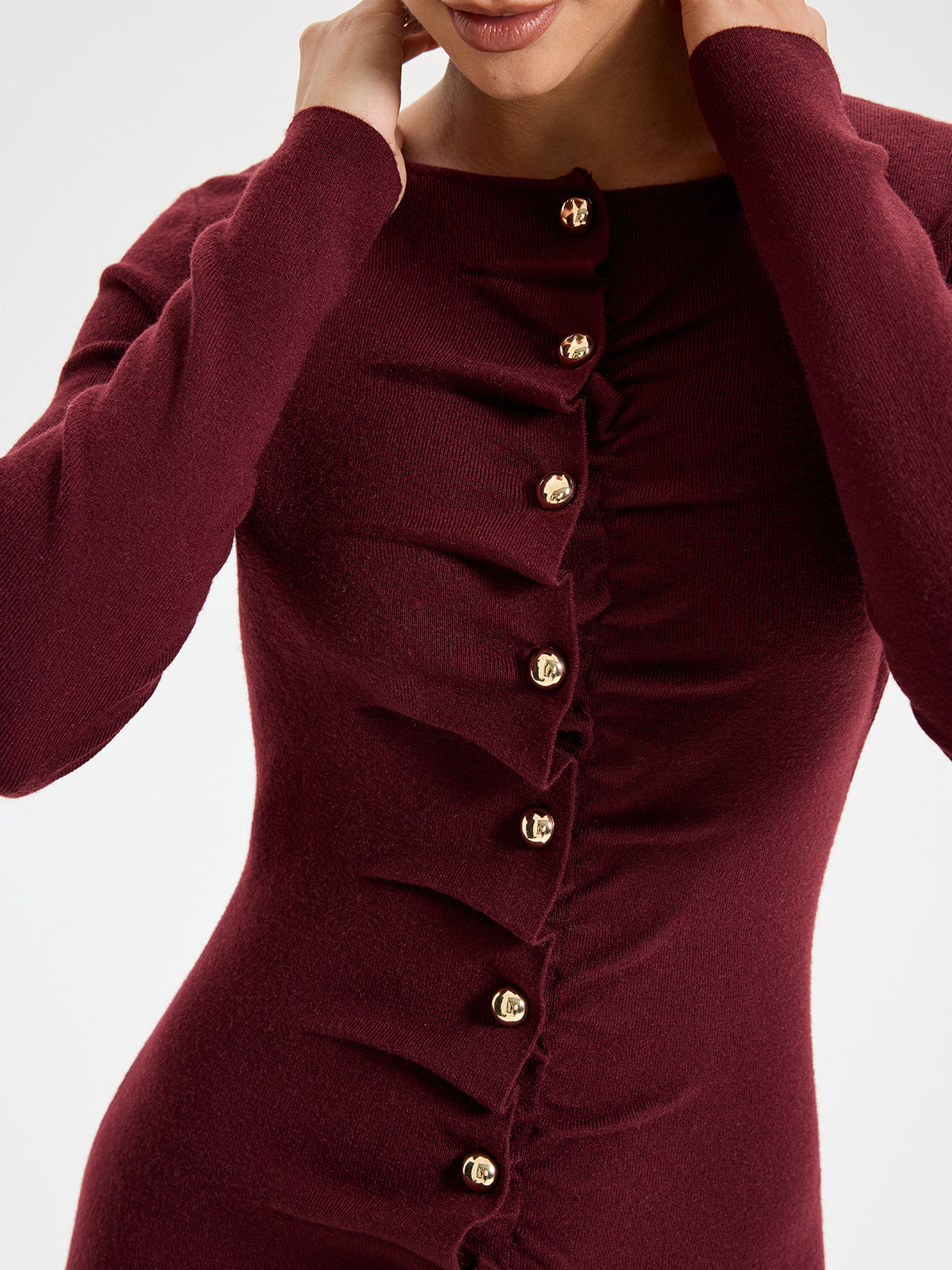 Elegant Long Sleeve Wide Neck Button Front Knit Dress-Chicvia