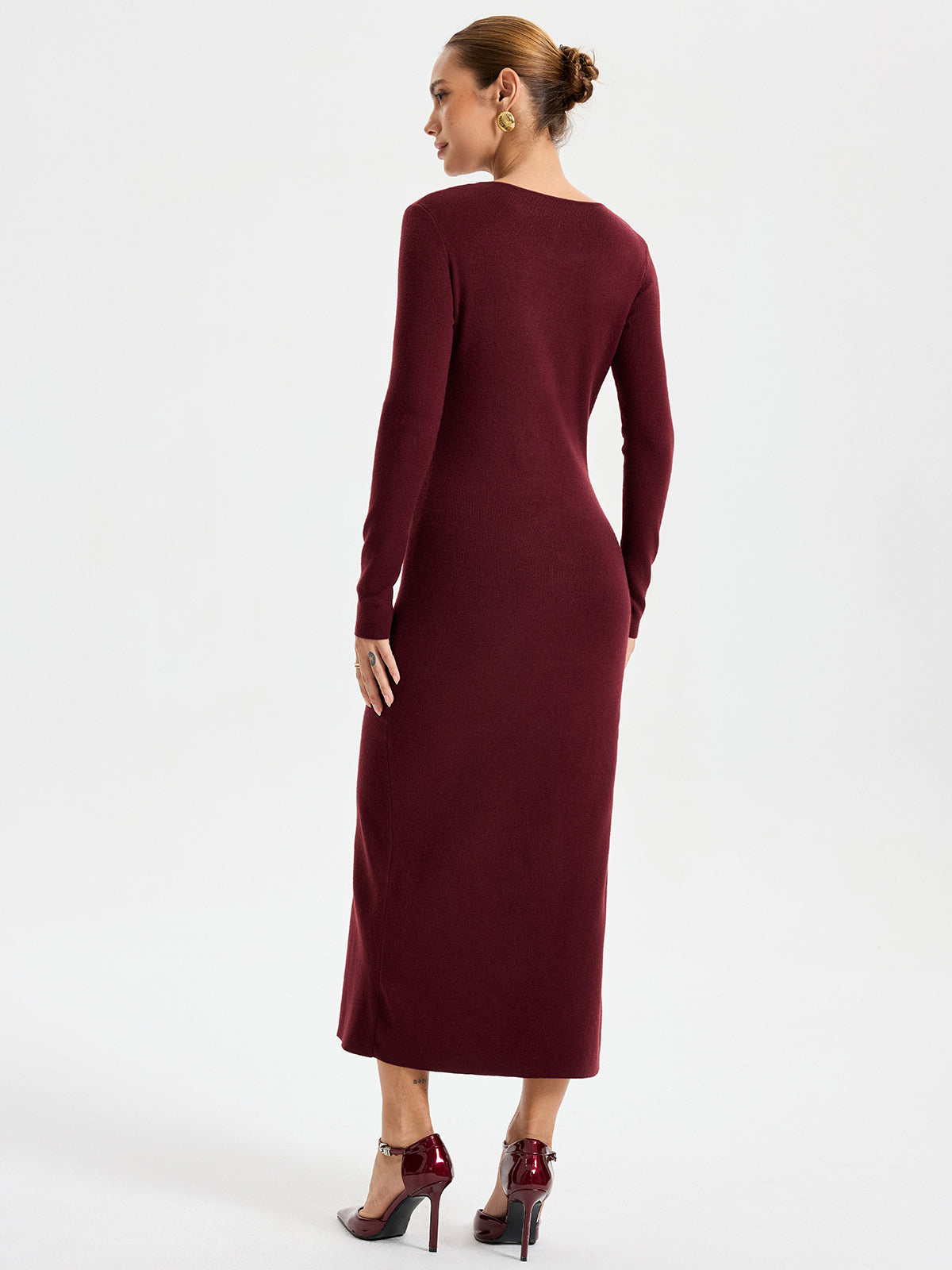 Elegant Long Sleeve Wide Neck Button Front Knit Dress-Chicvia