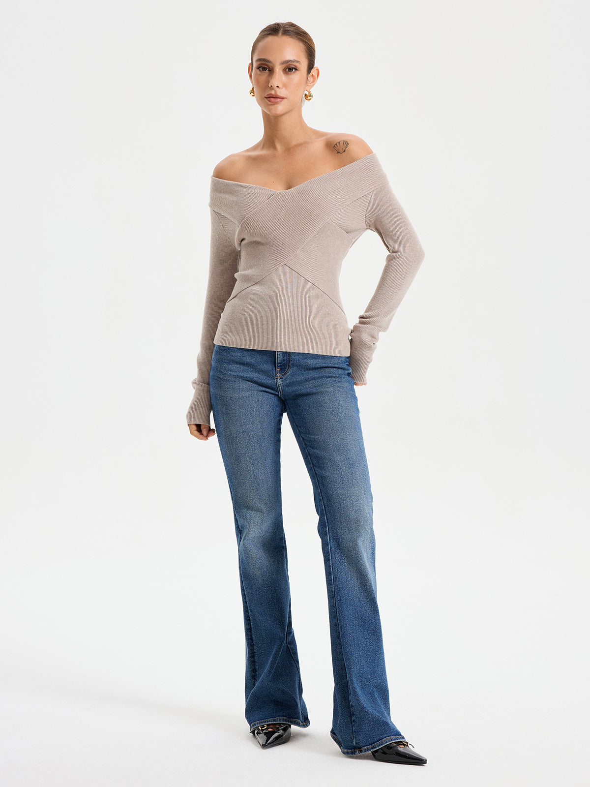 Frenchy Off Shoulder Crossover Sweater-Chicvia