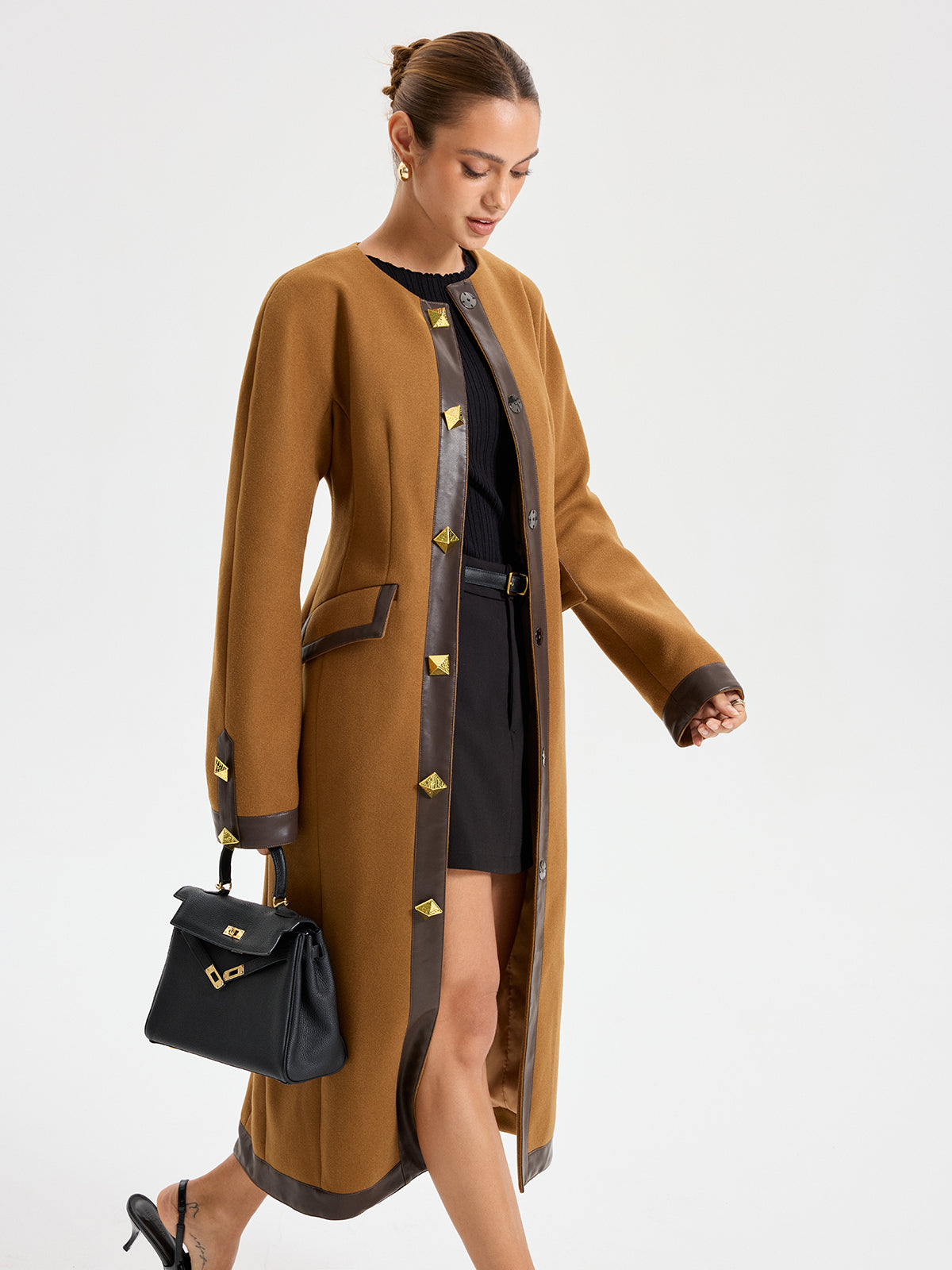 Faux Leather Trim Tweed Long Coat-Chicvia