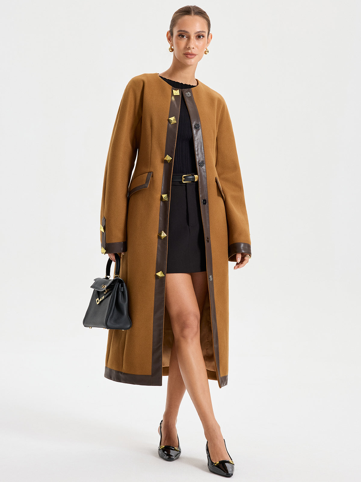Faux Leather Trim Tweed Long Coat-Chicvia