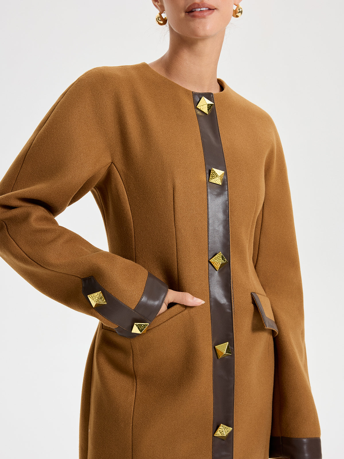 Faux Leather Trim Tweed Long Coat-Chicvia