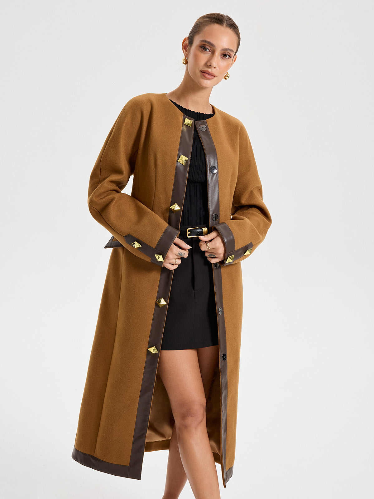 Faux Leather Trim Tweed Long Coat-Chicvia