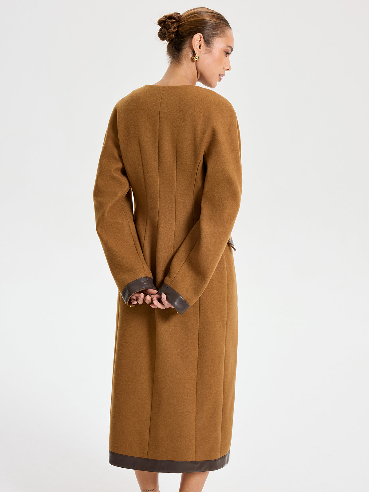 Faux Leather Trim Tweed Long Coat-Chicvia