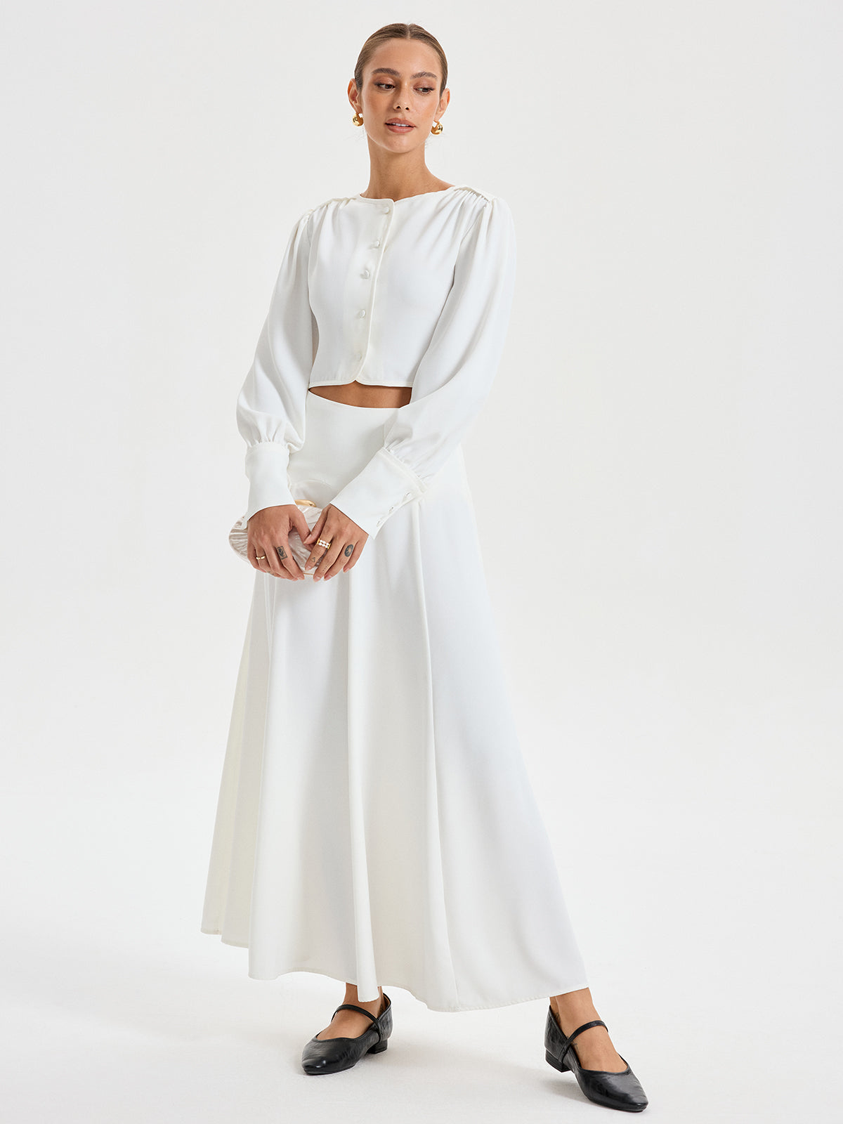 Long-Sleeve Crop Top and Maxi Skirt Set-Chicvia