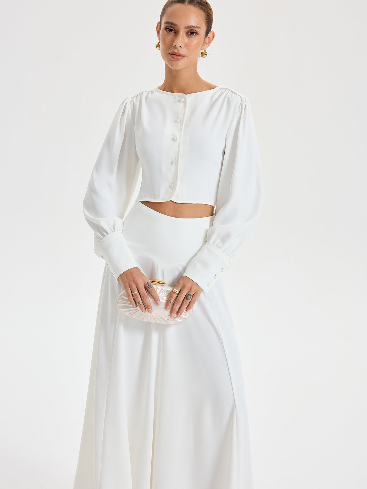 Long-Sleeve Crop Top and Maxi Skirt Set-Chicvia