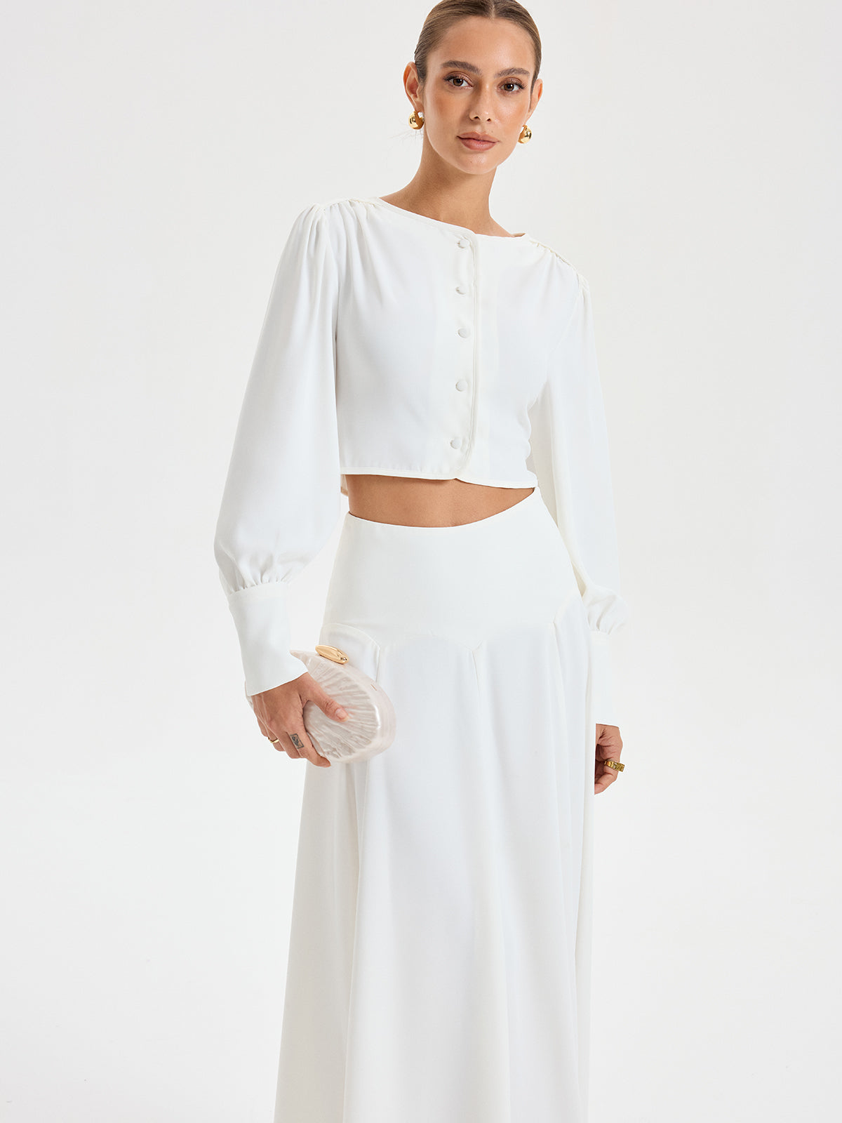 Long-Sleeve Crop Top and Maxi Skirt Set-Chicvia