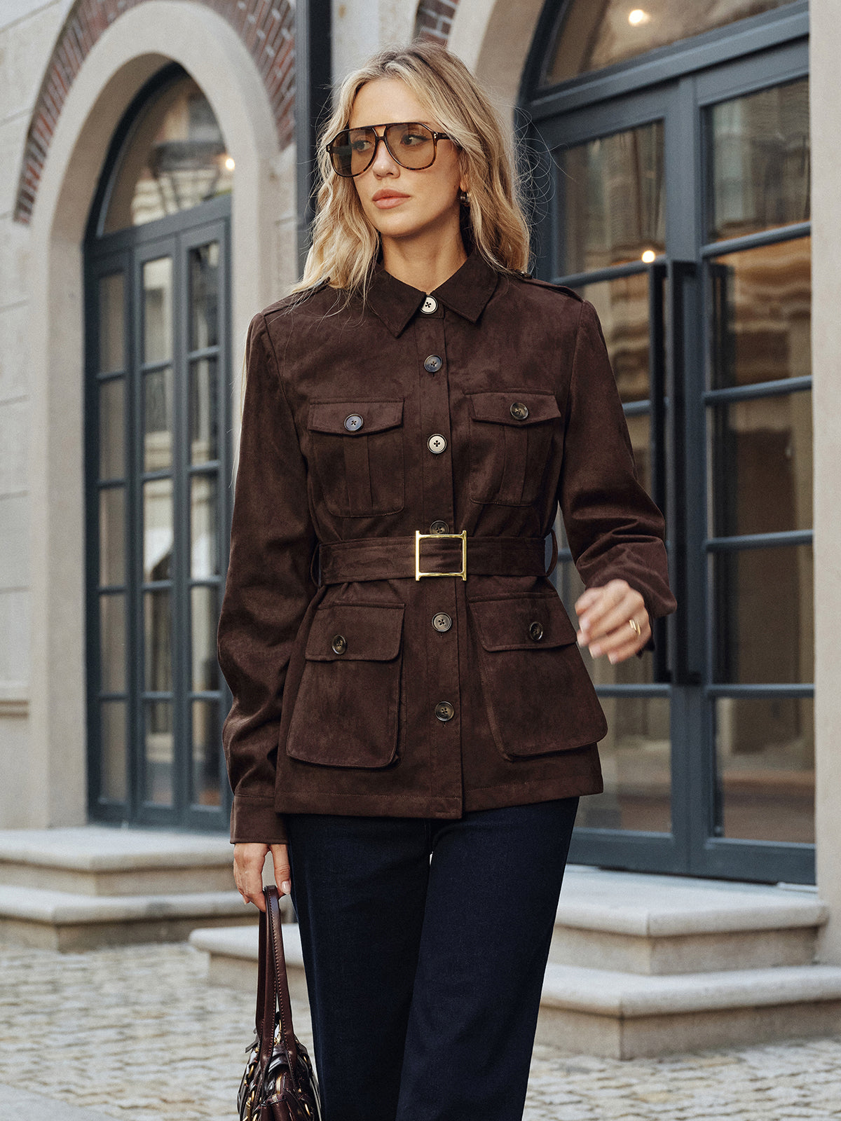 Multiple Pocket Belted Suede Effect Trench Coat-Chicvia