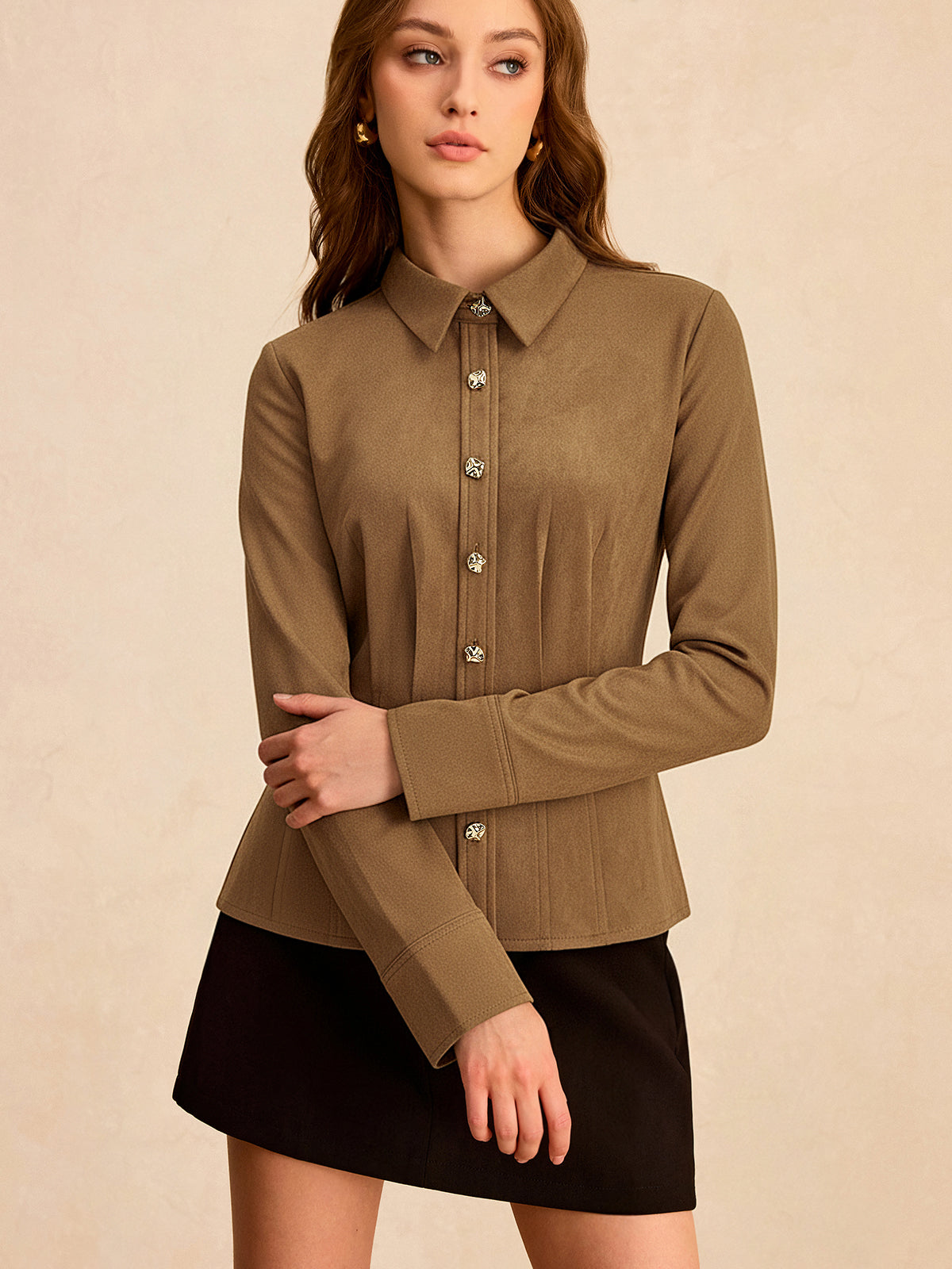 Pleat Collared Suede Effect Shirt-Chicvia