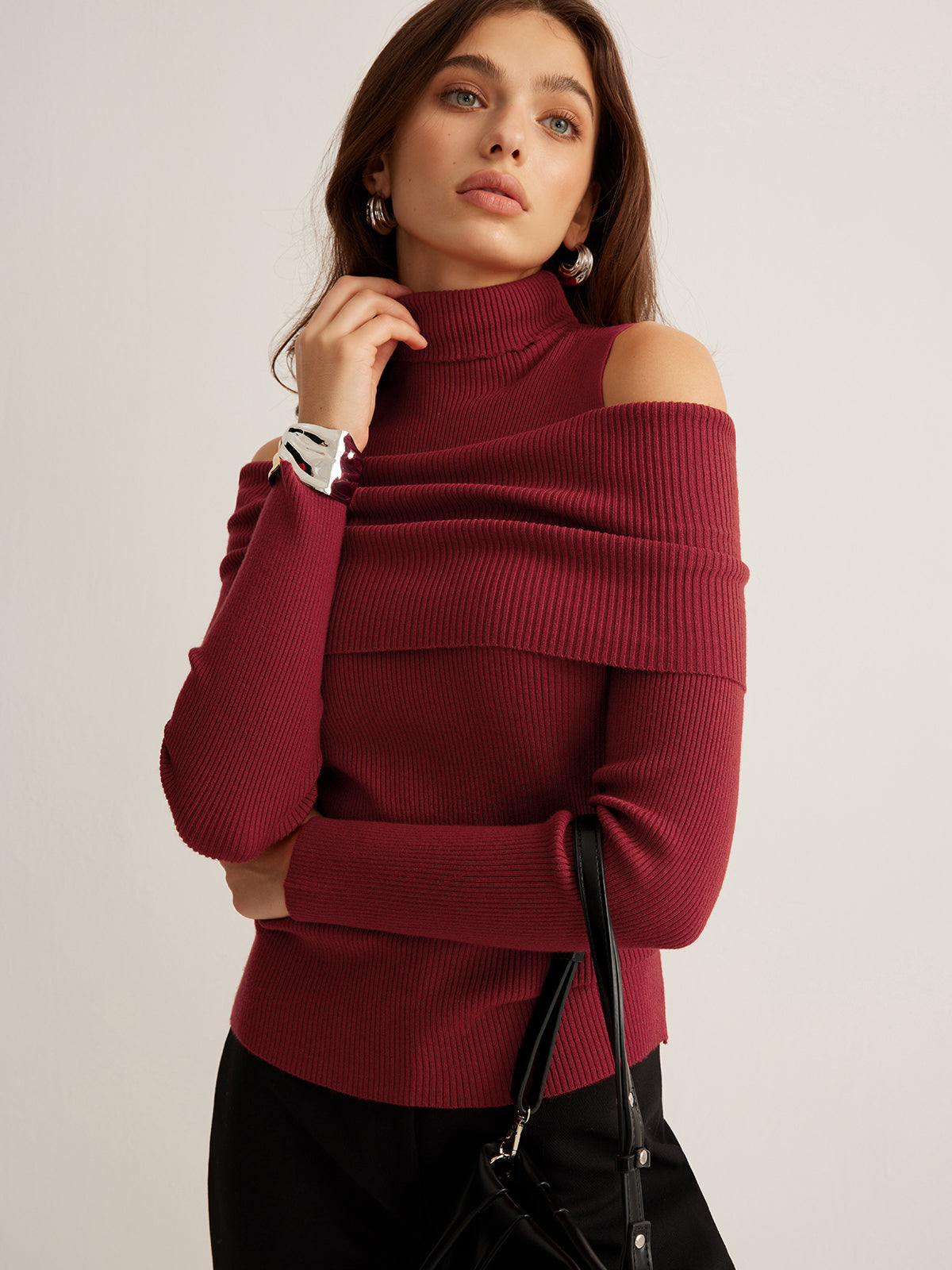 Elegant Turtleneck Cutout Knit Top-Chicvia