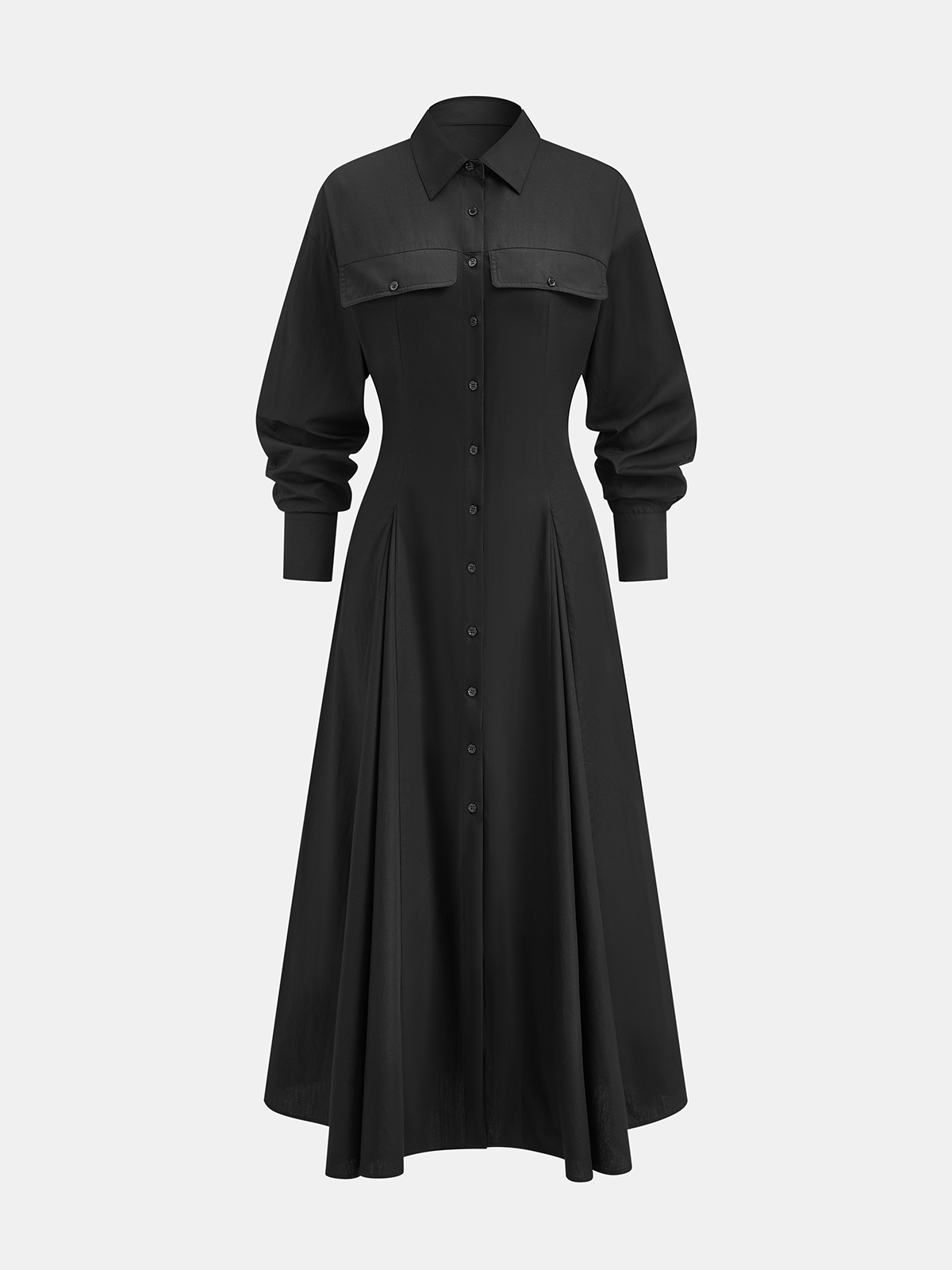 Pleated Button Front Shirt Dress-Chicvia