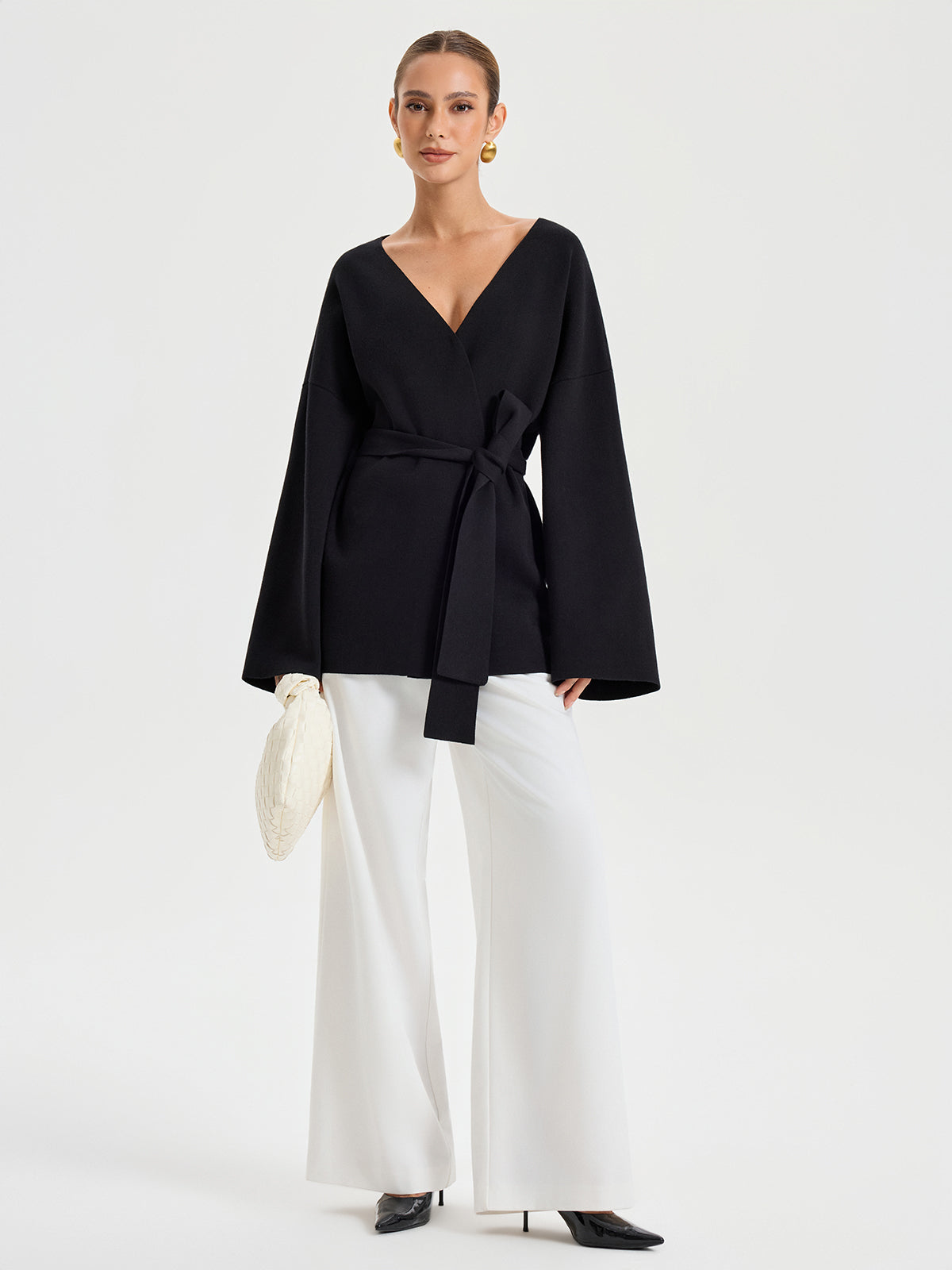 Belted V-neck Kimono Cardigan-Chicvia
