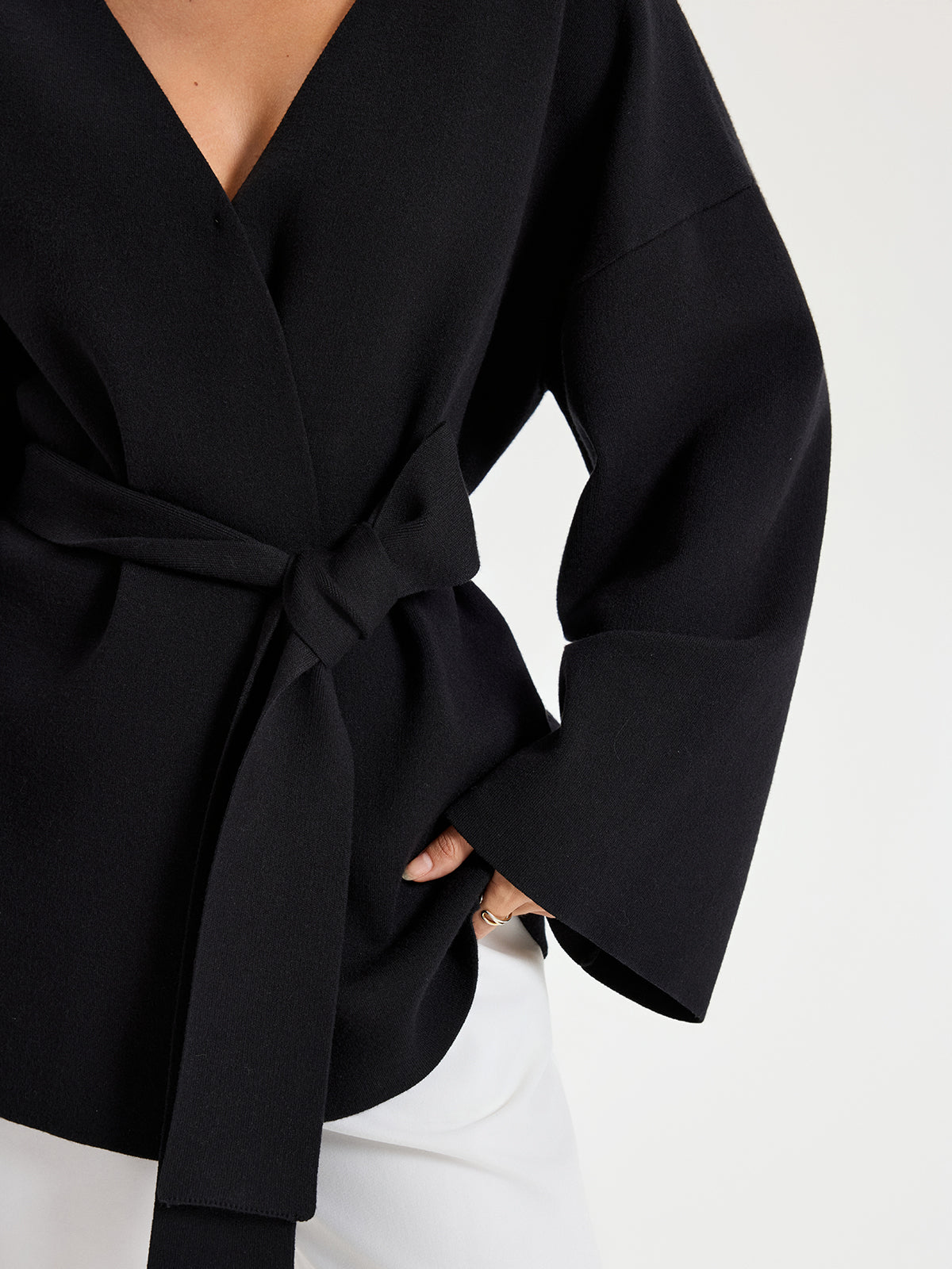 Belted V-neck Kimono Cardigan-Chicvia