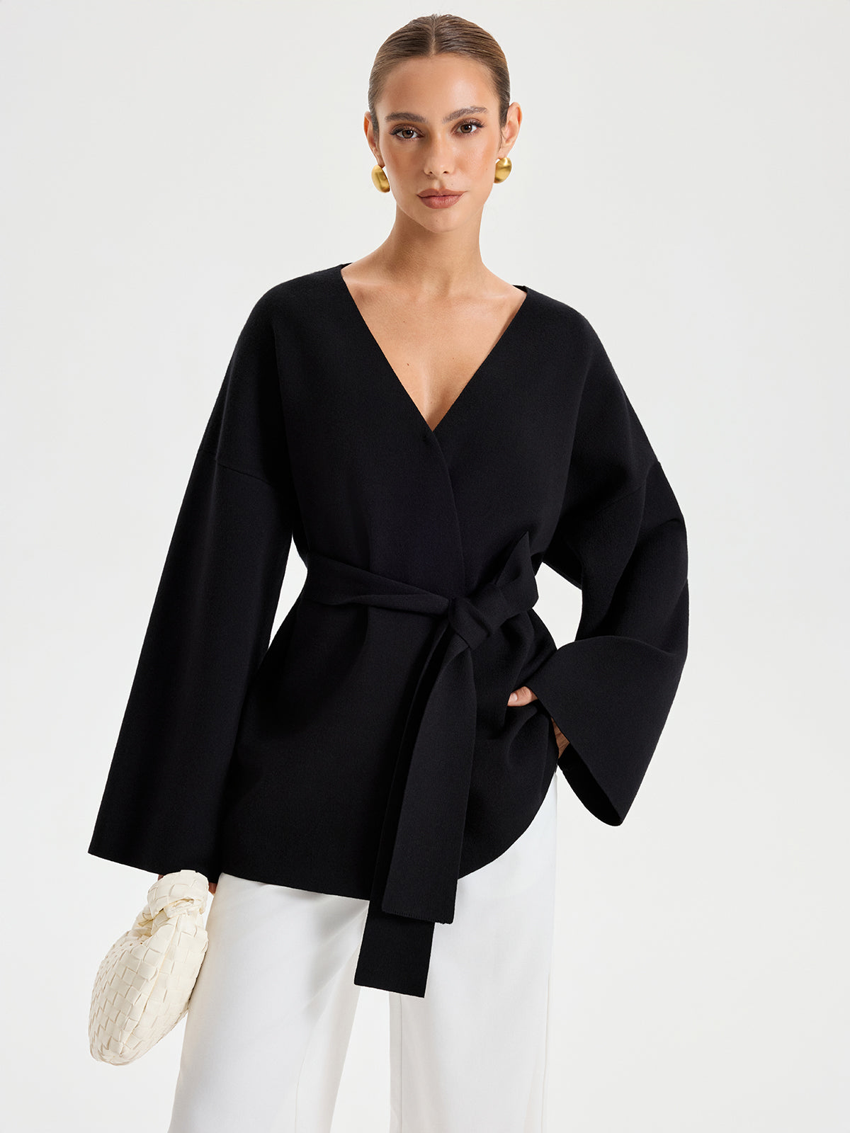 Belted V-neck Kimono Cardigan-Chicvia