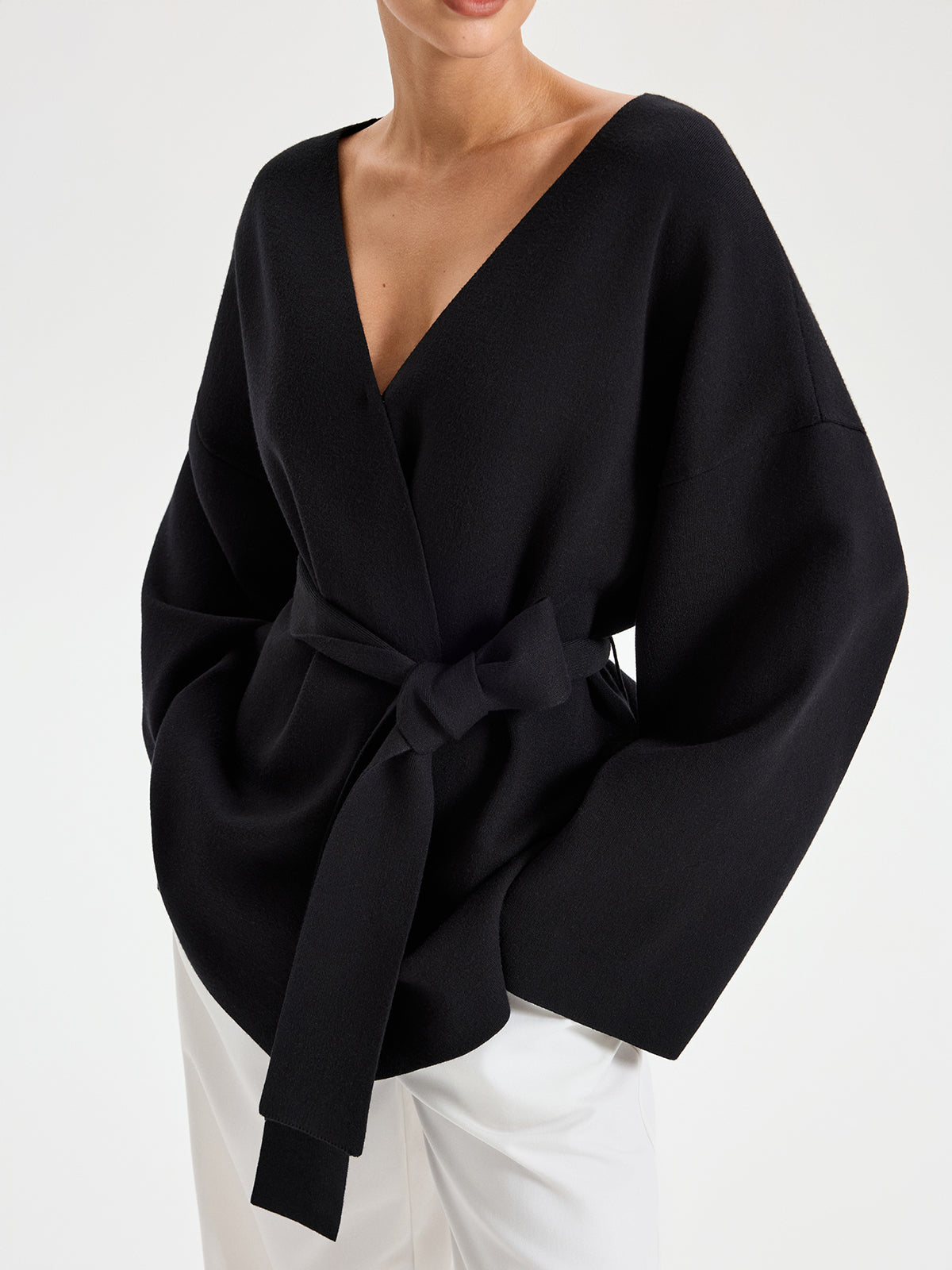 Belted V-neck Kimono Cardigan-Chicvia