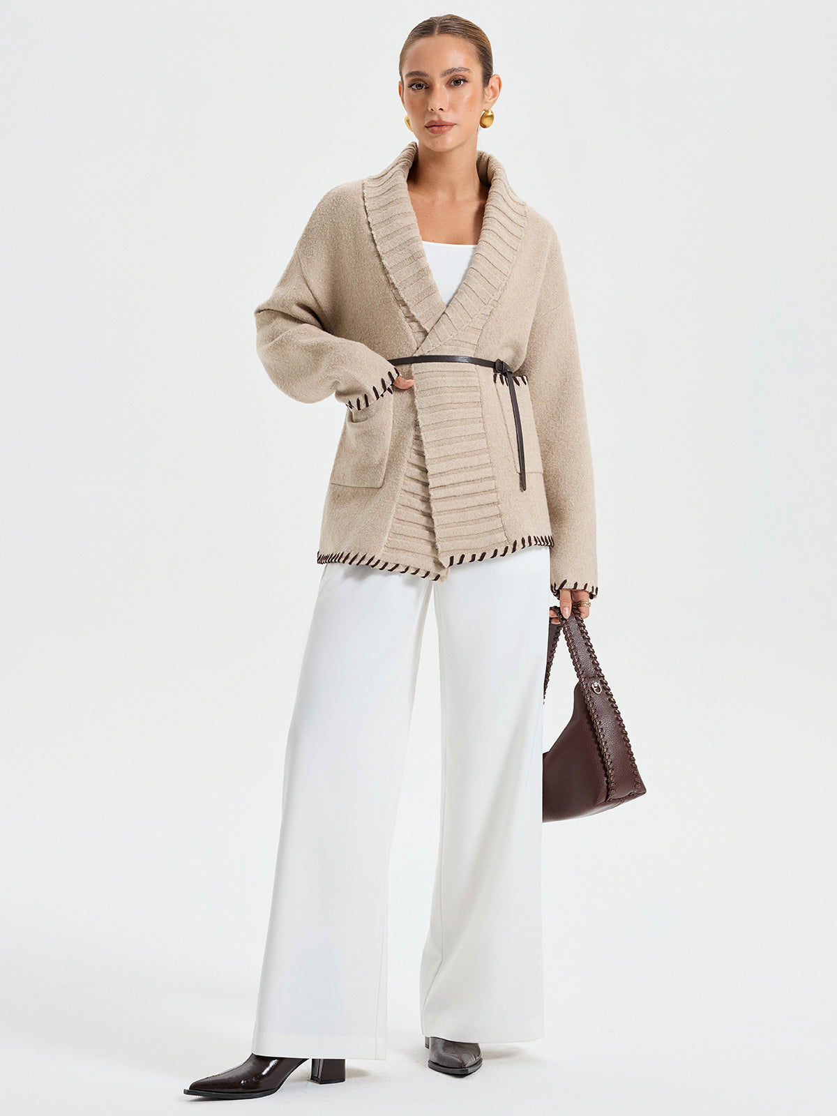 Contrast Stitched Shawl Collar Belted Knit Outerwear-Chicvia