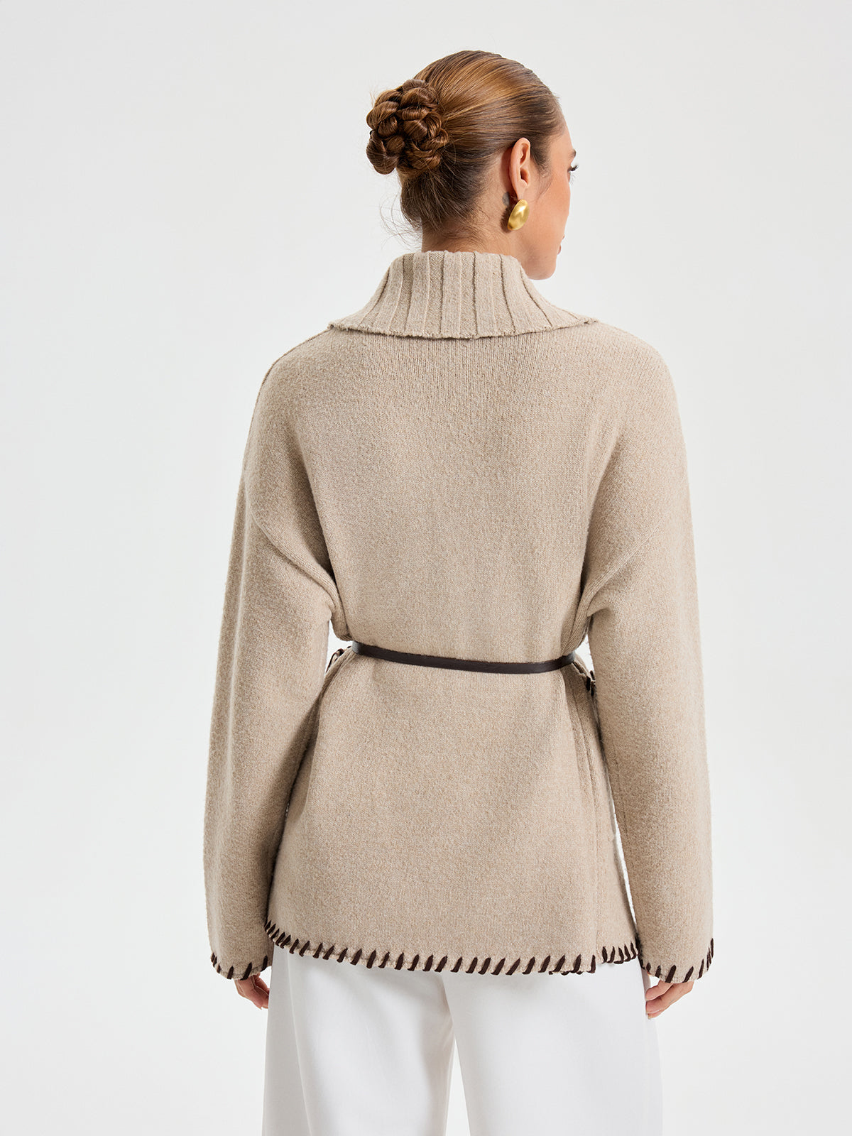 Contrast Stitched Shawl Collar Belted Knit Outerwear-Chicvia