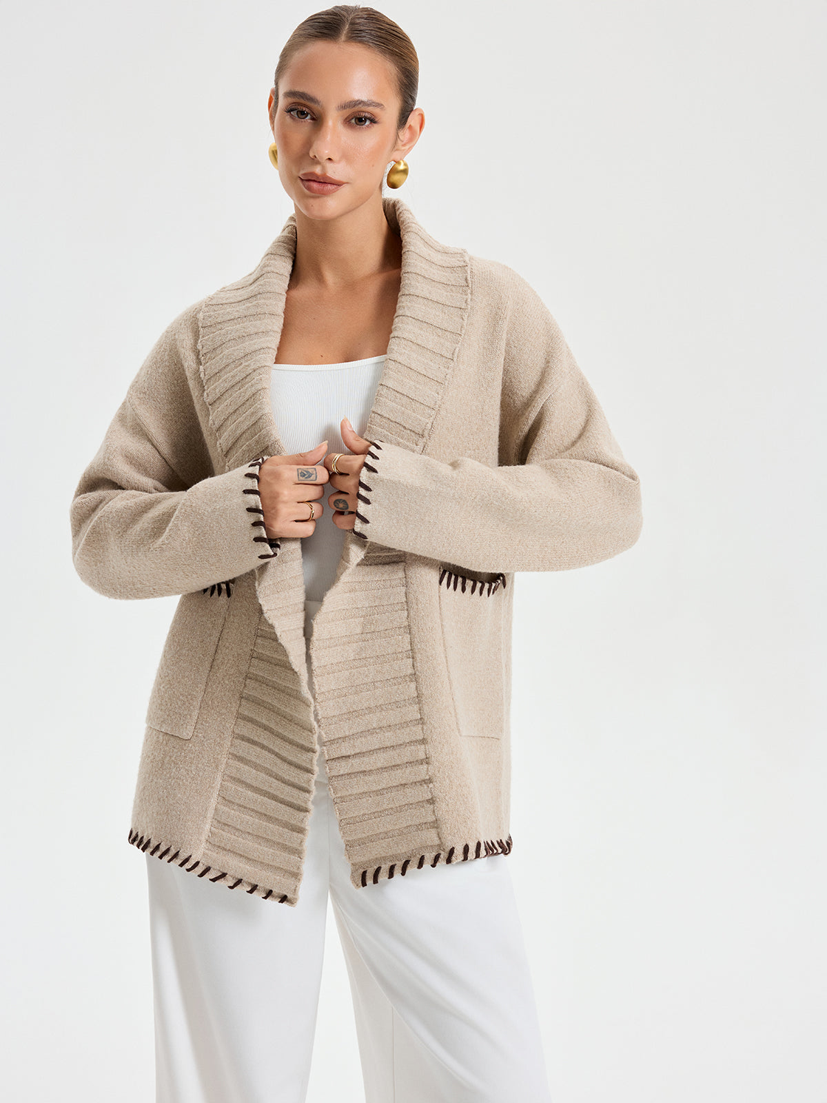 Contrast Stitched Shawl Collar Belted Knit Outerwear-Chicvia