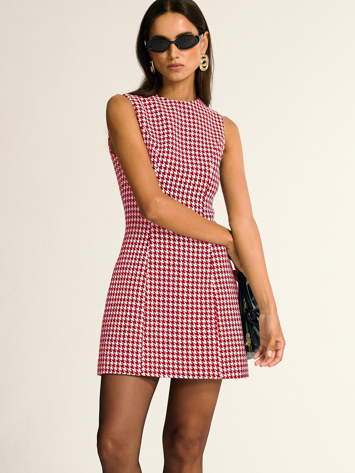 Houndstooth Sleeveless A-Line Mini Dress-Chicvia
