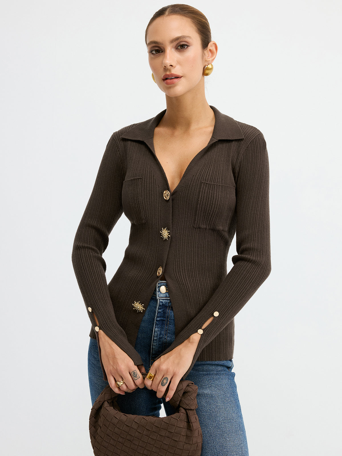 Polo Neck Ribbed Knit Top-Chicvia