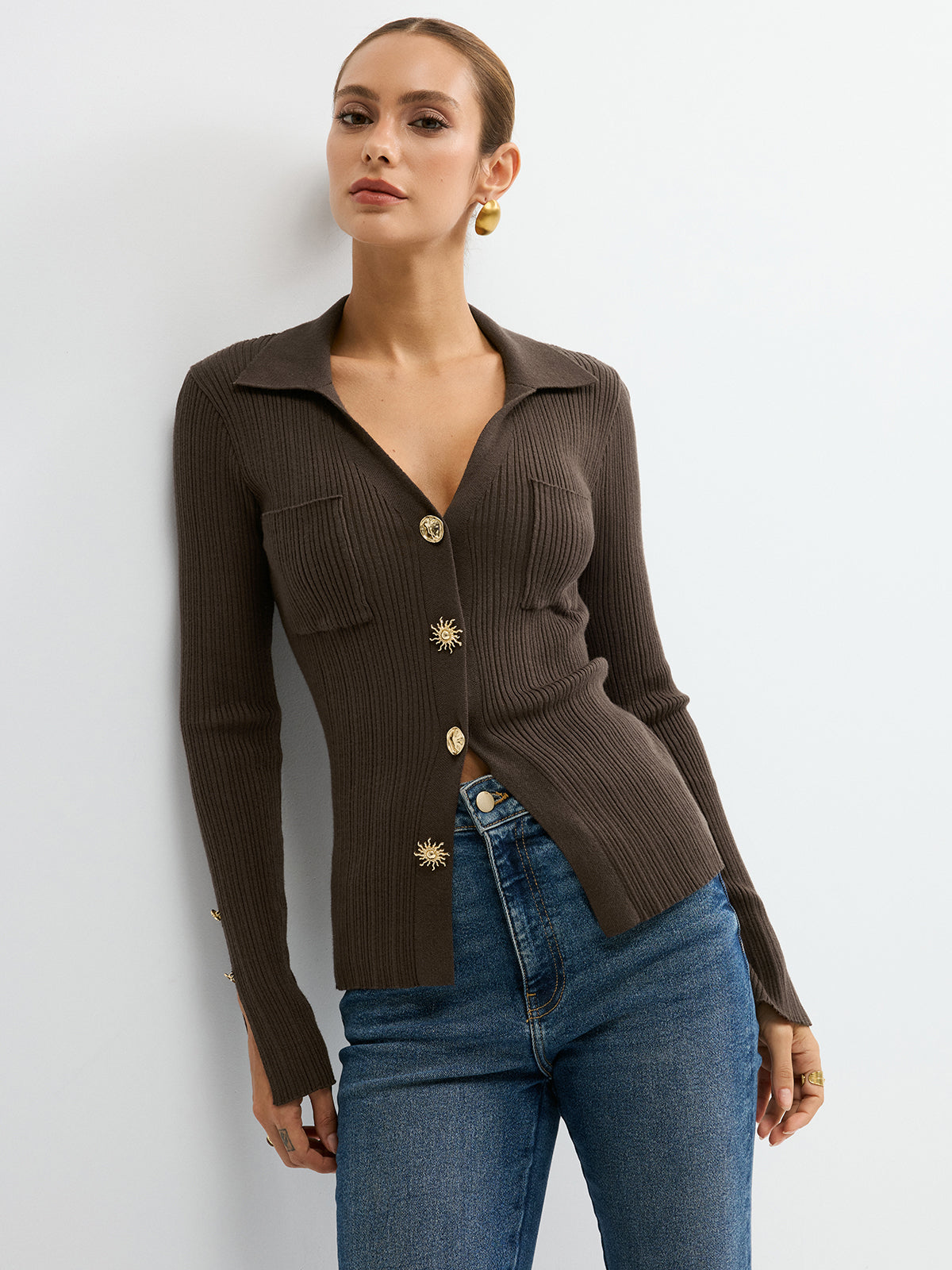 Polo Neck Ribbed Knit Top-Chicvia