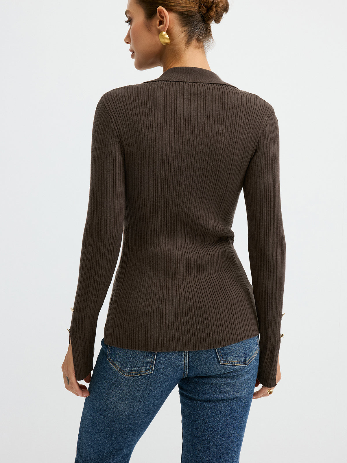 Polo Neck Ribbed Knit Top-Chicvia