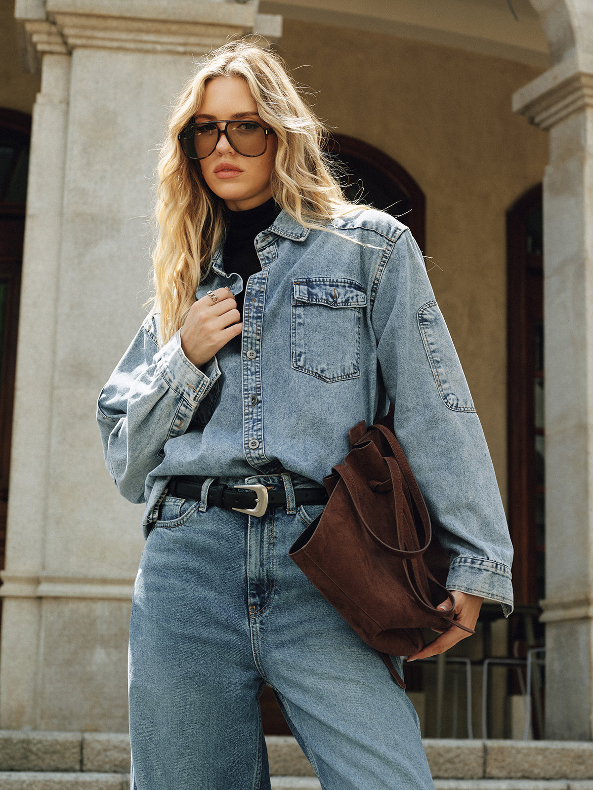 Oversized Collared Denim Shirt-Chicvia